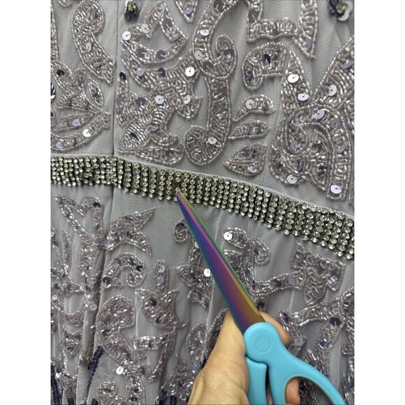 Mac Duggal Size 20 Purple 93633 Long Sleeve Sequin Beaded Midi Cocktail Dress - Picture 10 of 14